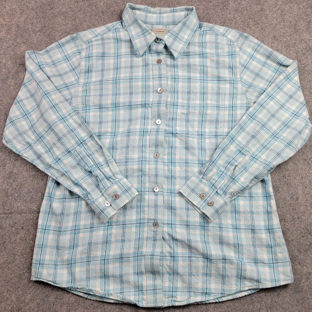 LL Bean Shirt Womens Medium Blue Plaid Button Down 100% Cotton Casual Pocket